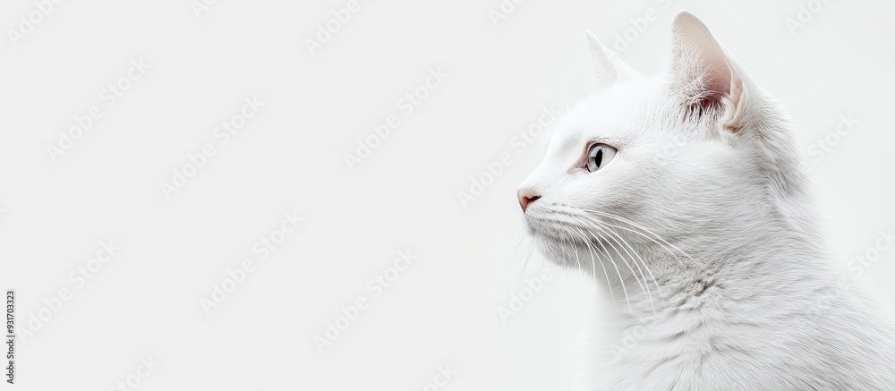 Poster white cat positioned against a white background. with copy space image. Place for adding text or design