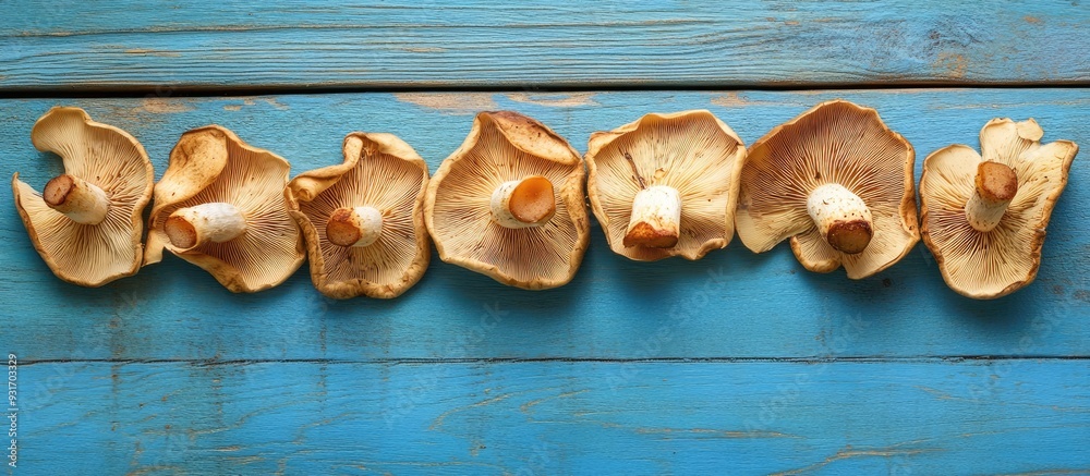 Poster dry mushroom chips arranged in a row on a blue wooden surface. with copy space image. place for addi