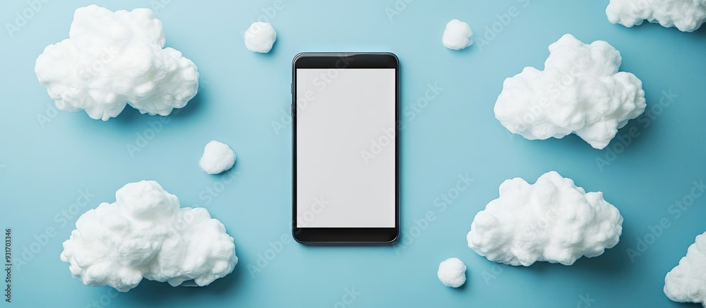 Poster Top view of blank paper clouds next to a smartphone and a digital tablet with a blank screen set against a blue background. with copy space image. Place for adding text or design
