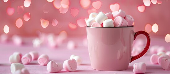 Mug filled with marshmallows and red hearts set against a stylish pink background Flat layout Romantic theme for Valentine s Day. with copy space image. Place for adding text or design
