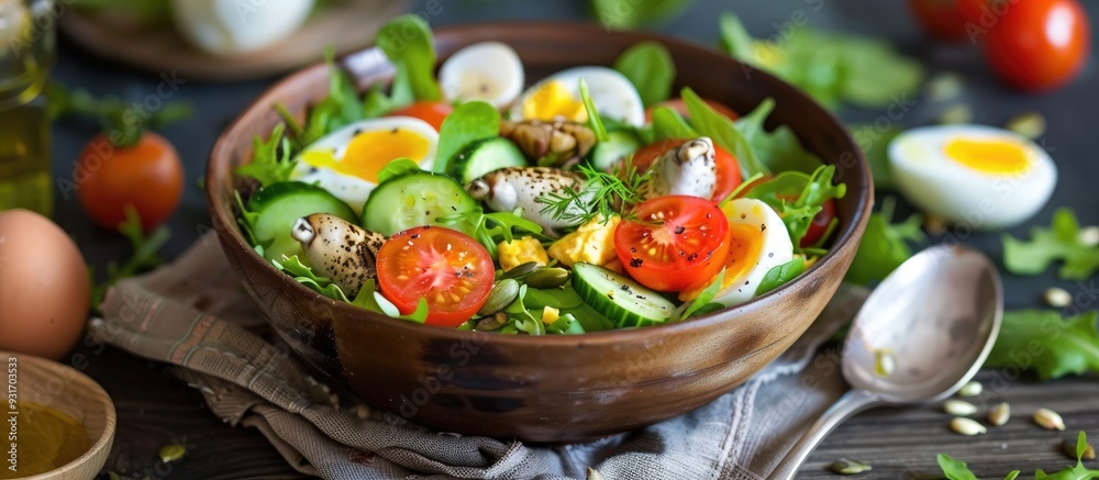 Aufkleber fresh salad featuring tomatoes green leaves cucumber quail eggs and seeds accompanied by a salad spo
