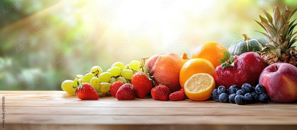 Aufkleber various ripe fruits on a light wooden table close up area for text. with copy space image. place for