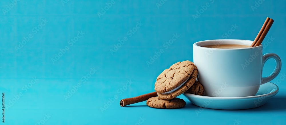 Leinwandbilder a coffee cup with a cinnamon stick and cookies against a blue backdrop. with copy space image. place