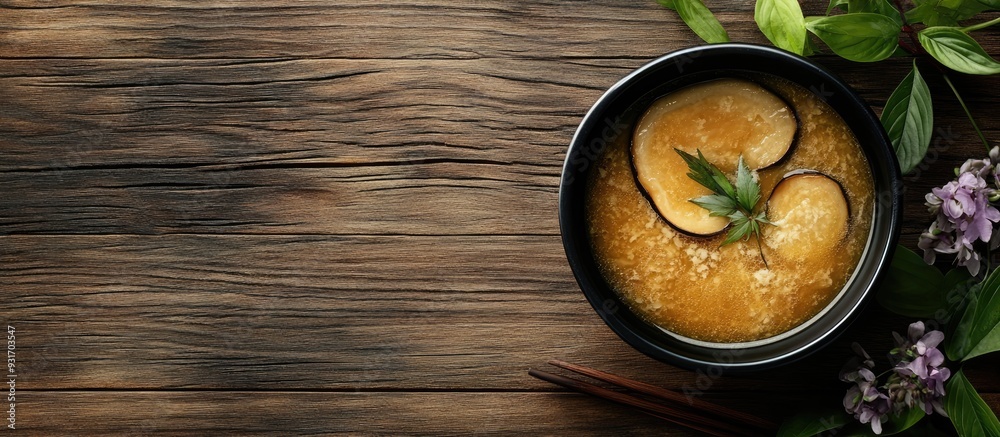 Poster japanese cuisine eggplant miso soup. with copy space image. place for adding text or design