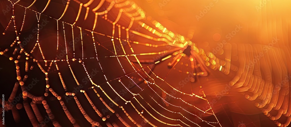 Poster Partially blurred view of an empty spider web with delicate lines set against a blurred orange cave background with copy space