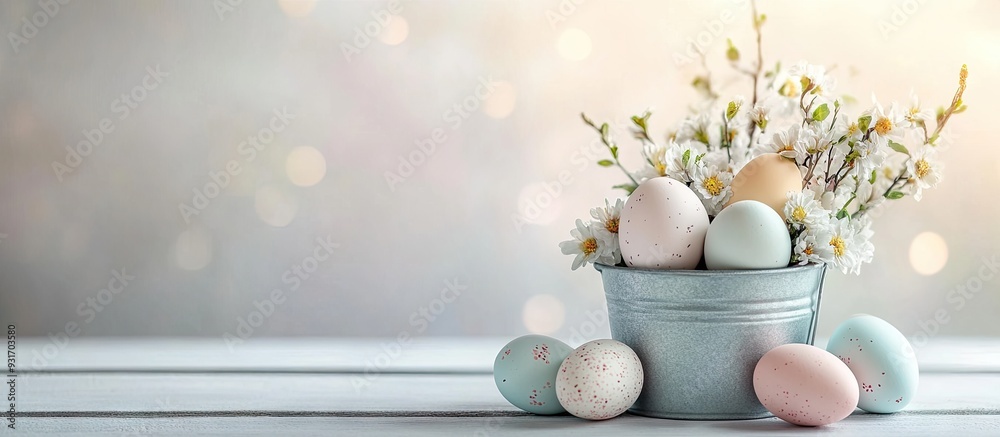 Aufkleber easter eggs in a bucket on a white wooden table accompanied by lovely flowers. with copy space image