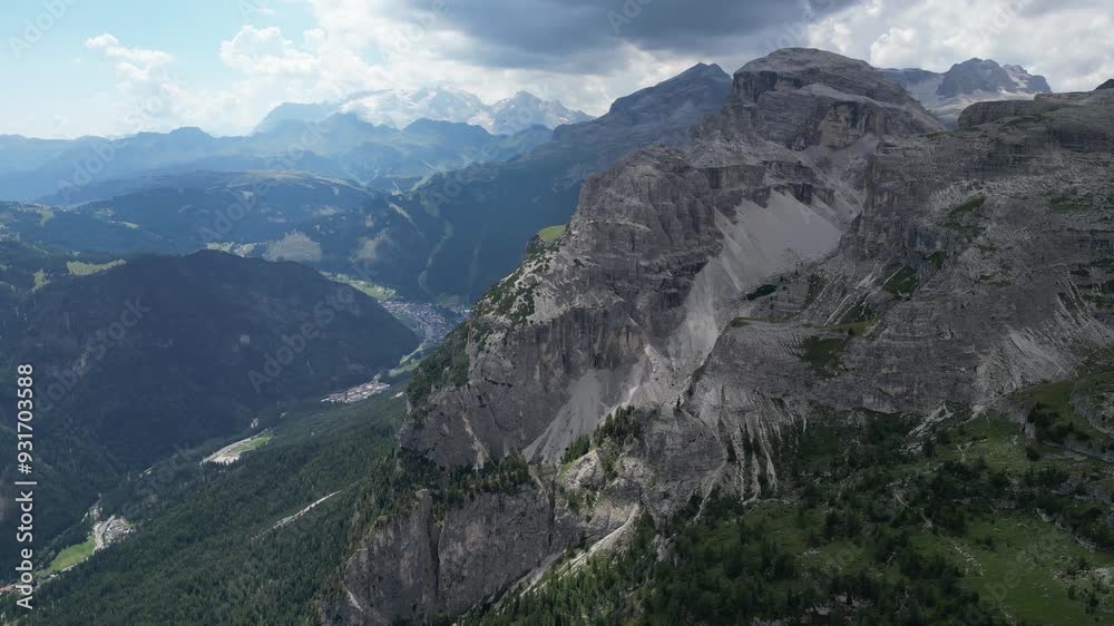 Poster Aerial view of the Dolomites mountain landscape in Trentino, South Tyrol in Northern Italy, marmolada Glacier, Sassongher, Val Badia