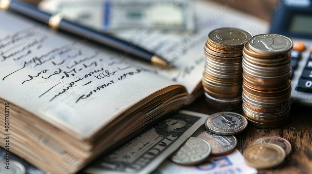 Leinwandbilder A stack of cash alongside coins and a notebook filled with notes and calculations shows a financial planning process in progress. Generative AI