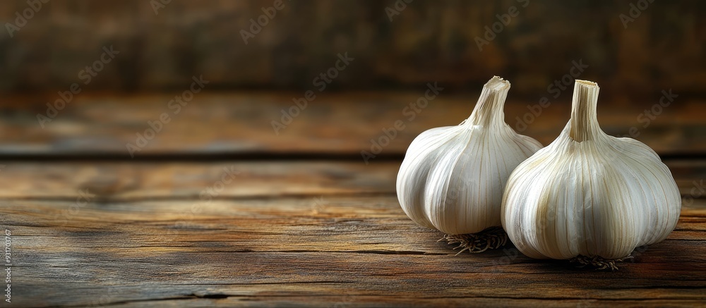 Poster Close up of two garlic bulbs on a wooden surface. with copy space image. Place for adding text or design