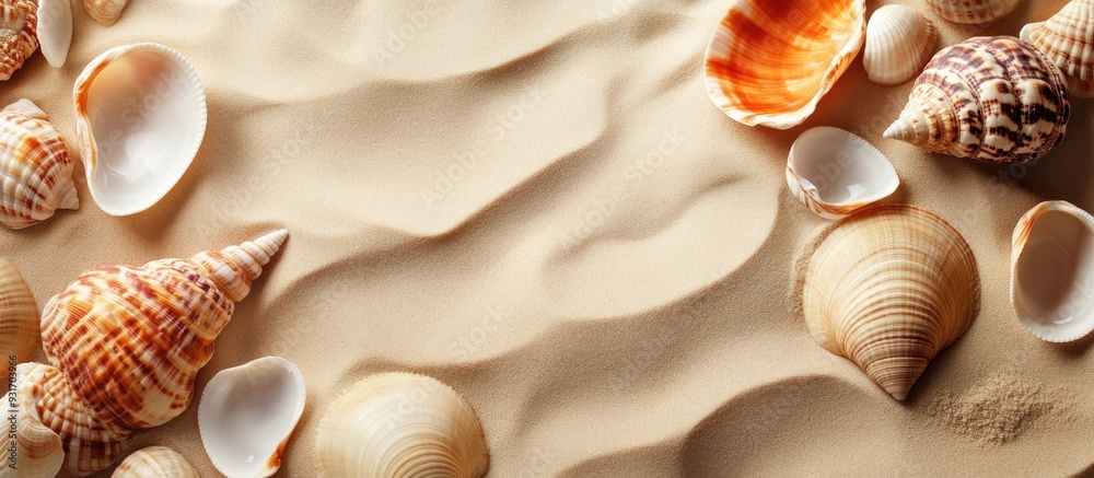 Poster sea shells set against a sandy background with copy space