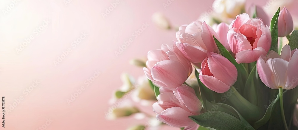Poster Spring floral card featuring a bouquet of tulip and ranunculus flowers. with copy space image. Place for adding text or design