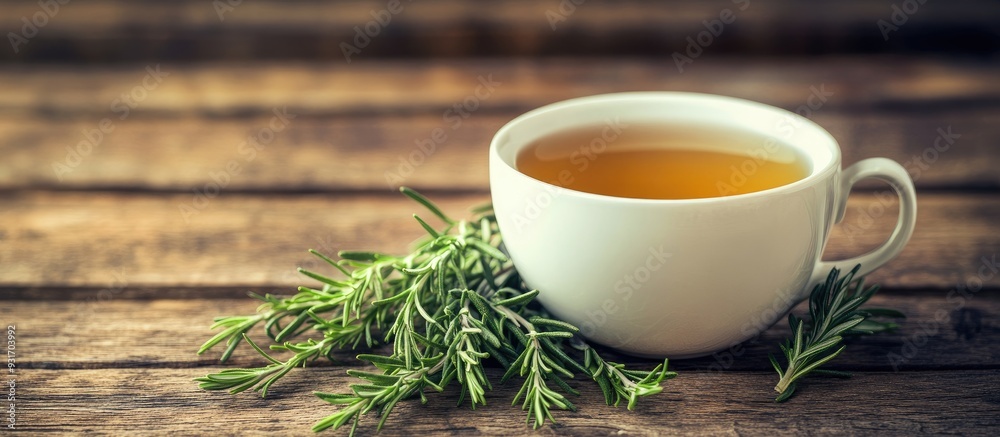 Leinwandbilder cup of fragrant herbal tea with fresh rosemary and thyme on a wooden table. with copy space image. p