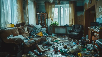 Garbage covered house apartment of alone woman with mental depresion having trash rubbish with no people in Unorganized empty living room of depressed person with scattered food mess d : Generative AI