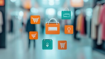 Fototapeta premium Illustration of shopping icons amidst a retail background, showcasing modern consumerism and digital shopping concepts.