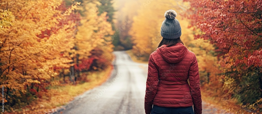 Poster a female traveler is on a small local road admiring the vibrant autumn foliage on either side in sou