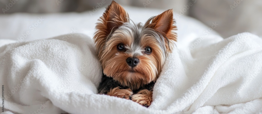 Poster Small Yorkshire Terrier dog under a white blanket on the bed. with copy space image. Place for adding text or design