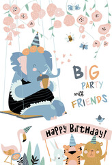 Cartoon holiday card with funny elephant. Happy Birthday