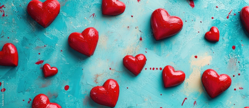 Aufkleber Top view arrangement of red hearts on a colorful backdrop Concept of romantic relationships Valentine s Day. with copy space image. Place for adding text or design