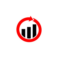 Red circle, arrow, three black bars, upward trend ideal for finance, data analysis, stock market concepts, business presentations, infographics.
