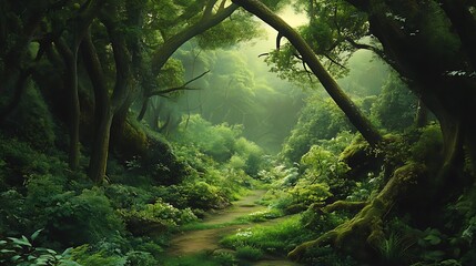 Obraz premium A winding path leads through a lush, verdant forest with sunlight filtering through the canopy, creating a sense of mystery and tranquility.