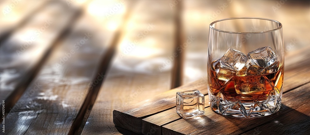 Poster A glass of whiskey or cognac on wooden planks with ice cubes. with copy space image. Place for adding text or design