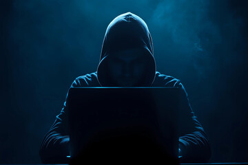 Cyber hacker attack concept. Abstract digital hacker man with a laptop. Male criminal, hoodie and ready for coding, cyber-attack and programming for malware with tech, scam and data