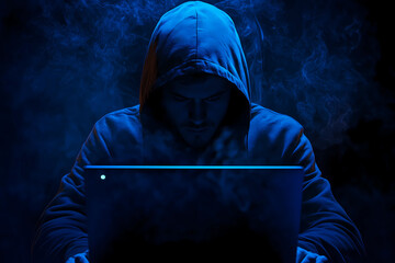 Cyber hacker attack concept. Abstract digital hacker man with a laptop. Male criminal, hoodie and ready for coding, cyber-attack and programming for malware with tech, scam and data
