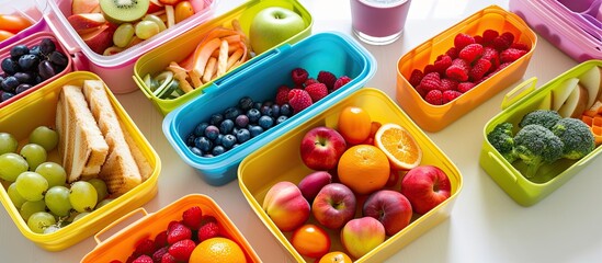 Lunch box filled with delicious food and school supplies on a white background Top view. with copy space image. Place for adding text or design