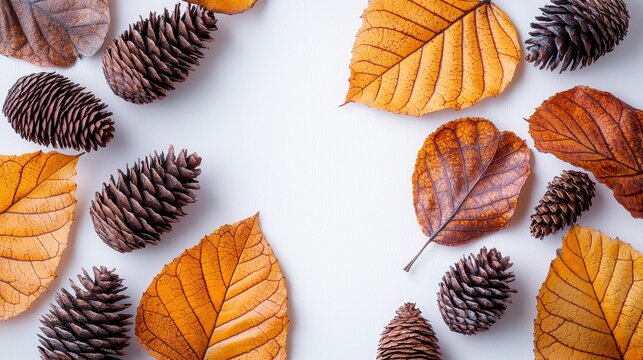 Autumn leaves and pine cones arranged in a frame on a white background.