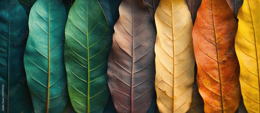 Fototapete closeup of jackfruit tree leaves in various colors representing different ages a line of colorful dr