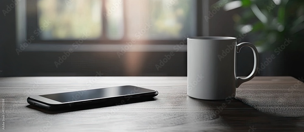 Aufkleber Close up shot of a coffee mug and a smartphone. with copy space image. Place for adding text or design
