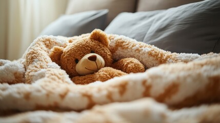 A gentle image of a soft baby blanket with a plush teddy bear tucked inside, [cozy baby blanket], [comforting and warm]