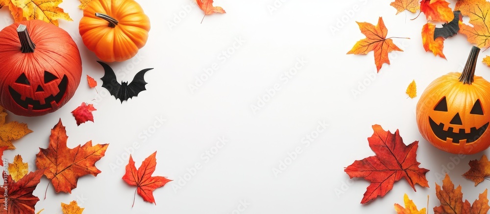 Poster Halloween background on a white surface Colorful party decorations and fall leaves. with copy space image. Place for adding text or design