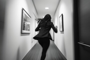 A Woman rushing into the office being late for work.