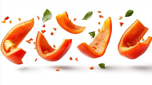 Pieces of red capsicum floating in mid-air, product photography