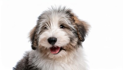 笑顔のオールド・イングリッシュ・シープドッグの子犬のポートレート（Portrait of a smiling Old English Sheepdog puppy on white background）
