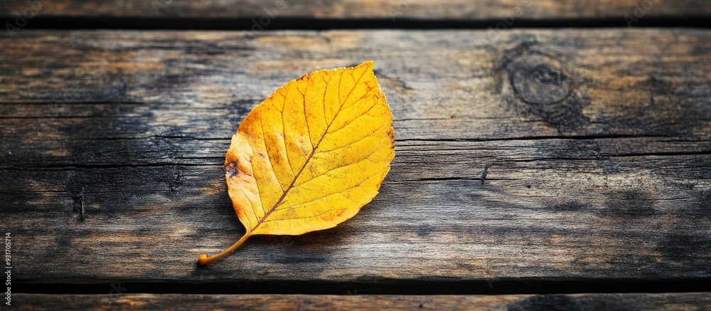 Fototapete a lovely yellow autumn leaf rests on an aged wooden surface close up representing the essence of aut