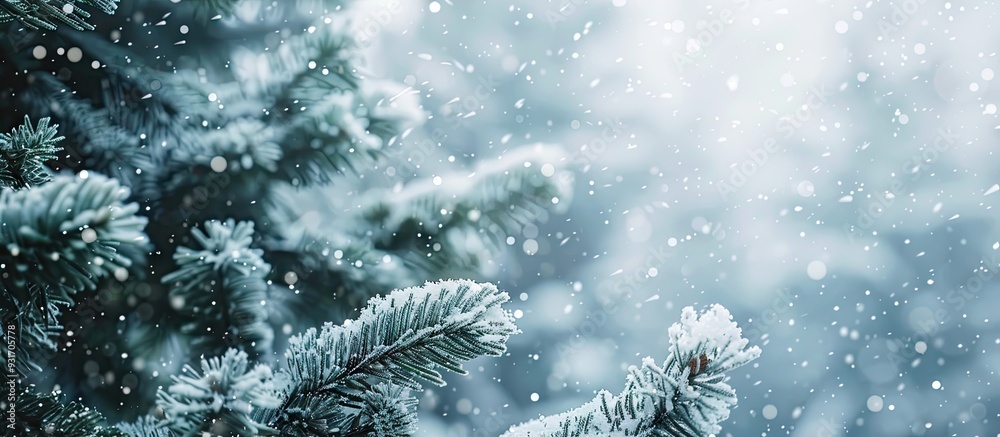 Fototapete Snow was falling on the fir trees. with copy space image. Place for adding text or design