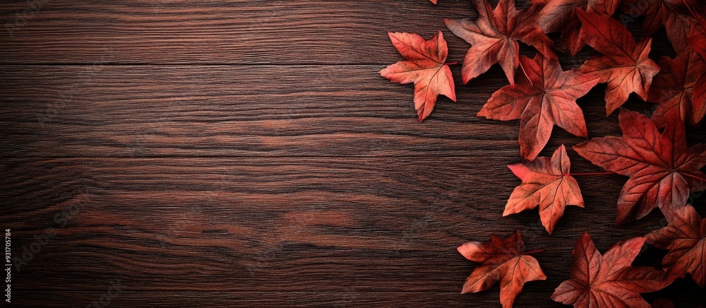 Leinwandbilder Autumn maple leaves on a wooden surface Space for a written message. with copy space image. Place for adding text or design