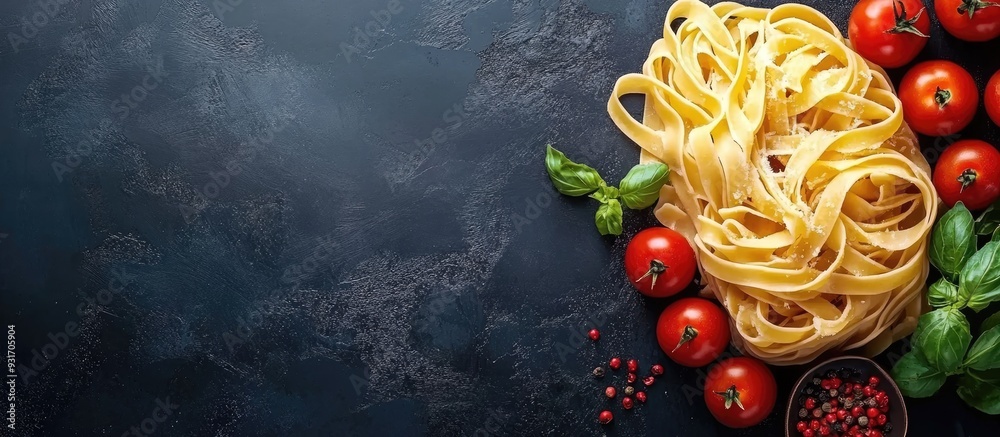 Poster Fettuccine spaghetti pasta with tomatoes and herbs Top view. with copy space image. Place for adding text or design