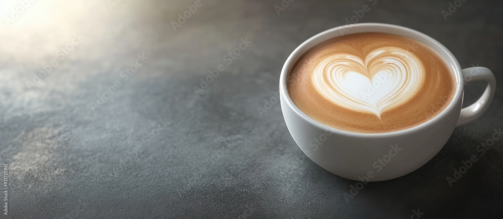 Poster delicious beverage a cup of cappuccino coffee adorned with a heart design on brown milk froth in a w