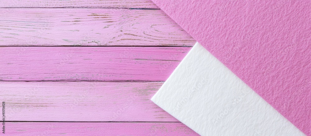 Poster pink and white felt sheets on a lilac wooden surface with copyspace for text felt backdrop