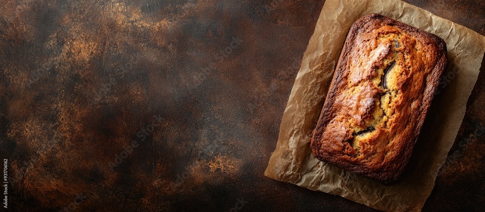 Aufkleber tasty banana bread on a brown table seen from above room for text. with copy space image. place for 