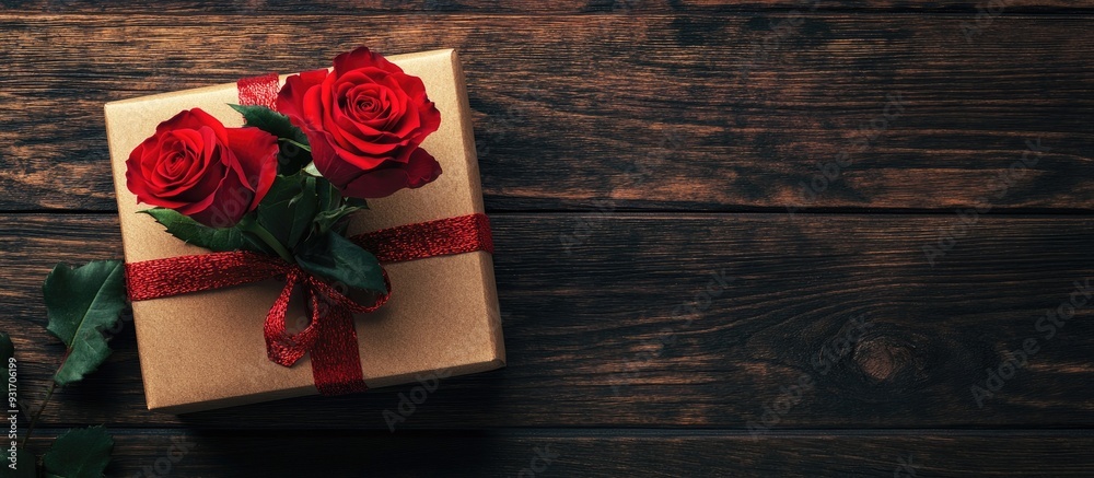 Poster Valentine s Day gift box and red roses on a wooden surface Top view with room for your greetings. with copy space image. Place for adding text or design