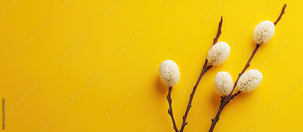 Poster Yellow background with three pussy willow branches Space for text. with copy space image. Place for adding text or design