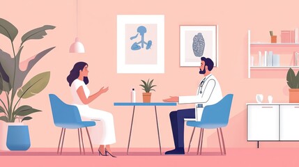 Young woman in a white dress sitting on a blue chair talking to a doctor in a medical coat, flat vector illustration of interior design with decoration elements. AI generated illustration