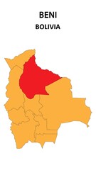 Naklejka premium Beni Map is highlighted on the Bolivia map with detailed state and region outlines.