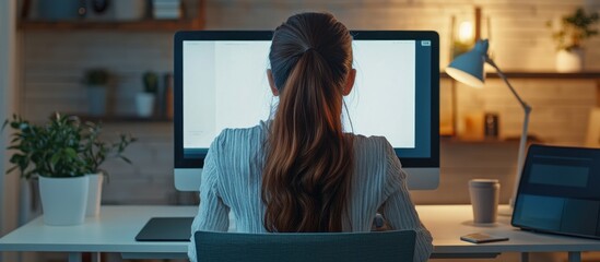 A female professional graphic designer is seen from behind as she works on designing a new logo using a modern computer in a comfortable workspace The girl checks a message on her phone The mock up s