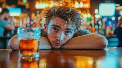 A man leaning on a bar with his head resting against the counter, AI