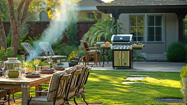 A sophisticated outdoor dining setup on a lush lawn with a barbecue grill